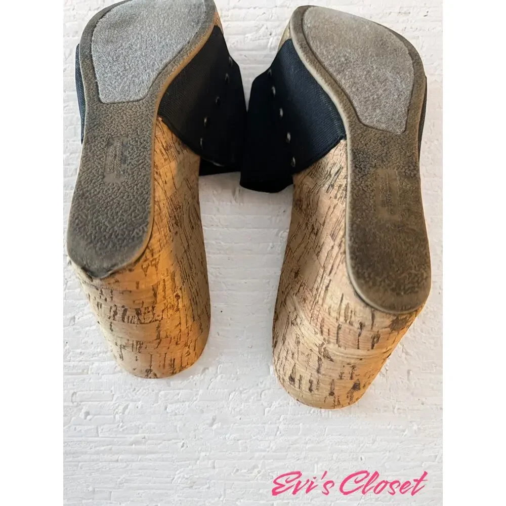 Rampage Women’s Black Cork Wedge Heels Slip On Sandals Size 8 Casual Comfort